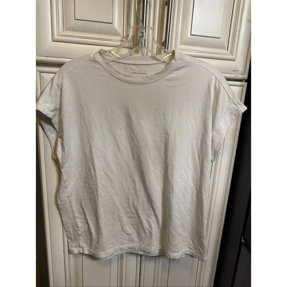 by Anthropologie Women's Short Cap Sleeve Crew Neck T-Shirt White Size Small